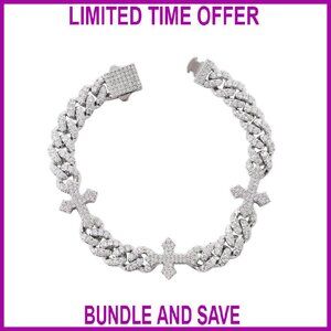 9mm Cross Cuban Bracelet White Gold Plated Sparkling Cubic Zirconia Unisex